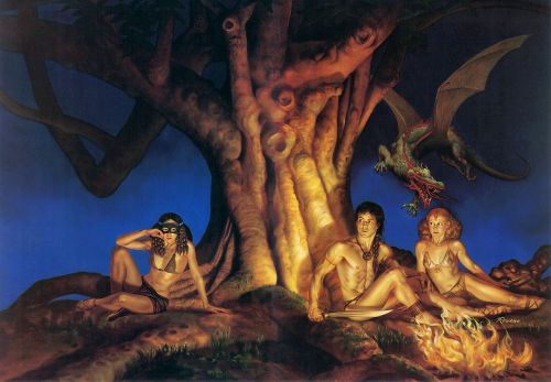 manyworldspress:Rowena Morrill, wraparound cover painting for Tales of Nevèrÿon, by