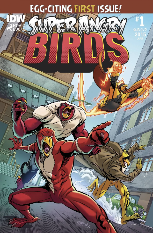 cover of comic book "Super Angry Birds" with large muscular anthropomorphized birds with hands and feet and pecs, one is naked in the front and pointing, another is wearing a white t-shirt, another is running in a beige trenchcoat, another is flying in a superhero costume