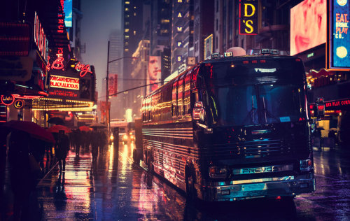 archatlas:  Rainy Nights in NYC The city that never sleeps also does not stop because of a little rain and its captured in all its vibrancy by Bernhard Hartmann. 