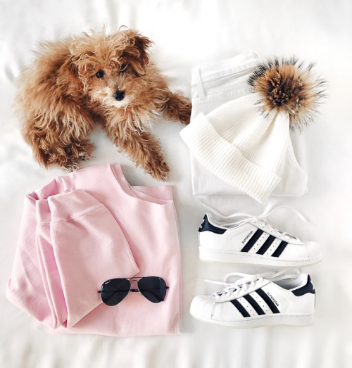 pink sweatshirt // Rayban sunglasses // white pants // Adidas superstar sneakers