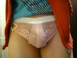 exeterdragon:  Wore my favourite panties to work, snuck off to the bathroom for some kik fan service. 
