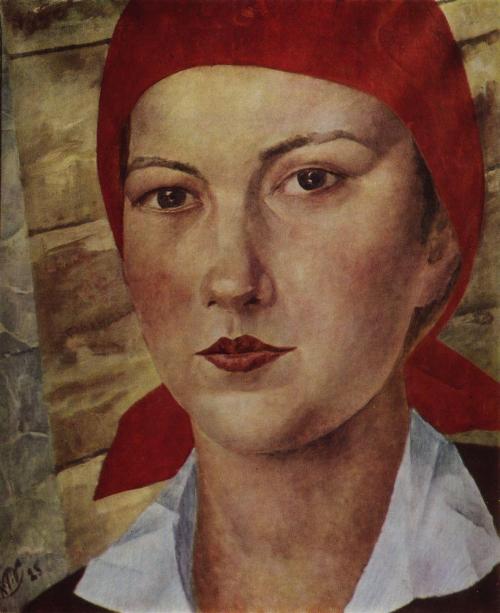 kuzma-petrov-vodkin: Girl in red scarf (worker), 1925, Kuzma Petrov-VodkinMedium: oil,canvas