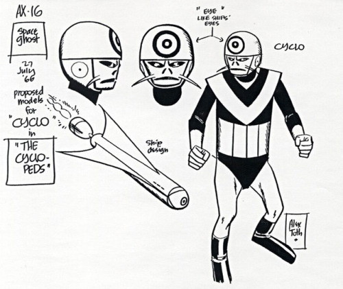 Alex Toth’s design sheets for Space Ghost, Brak, and the Phantom Cruiser.Note that one of the design