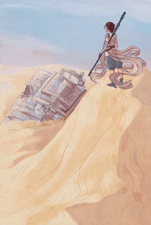 rachelbeenken-illustration:Rey on Jakku.  This is what happens when I see a movie, loved it, and a c