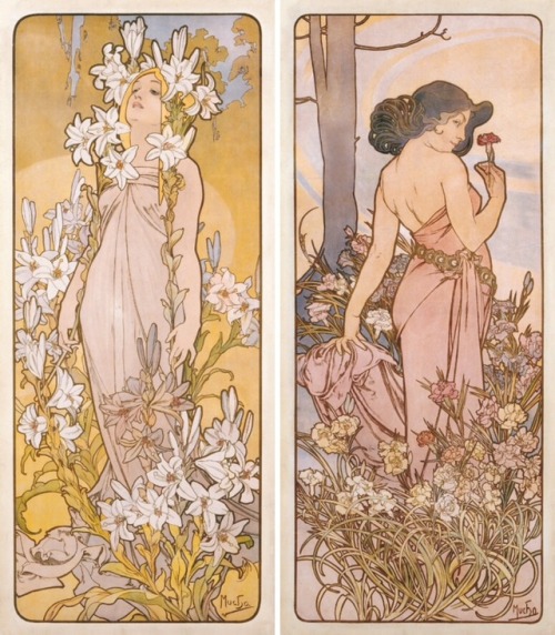 overdose-art:Alphonse Mucha. Iris, Rose, Lily & Carnation (1898)