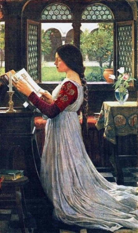 The Missal (1902), by J.W. Waterhouse This painting of a virgin reading a missal in a domestic setti