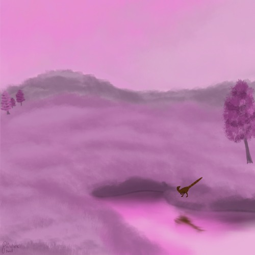 Very Quick Monochromatic Landscape With A Little Dino I Did While Messing With Colors.