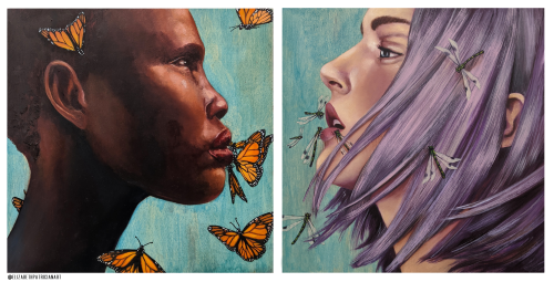 “Monarch” and “Damsel,” oil on cradled wood diptych, 10″x10″ eachCommissioned works, a reinterpretat