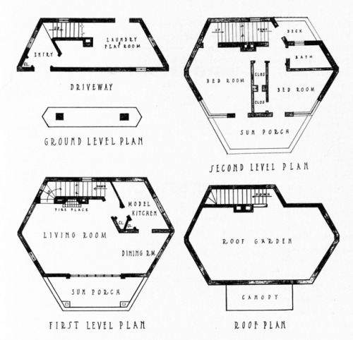 vintagehomeplans: United States, 1933: The Super-Safe Home of the Future A unique hexagonal house de