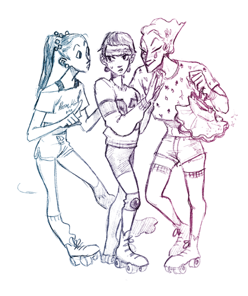 was commissioned to draw more roller derby/80s au of this Hell Trio by aoyagismom and i have no regr