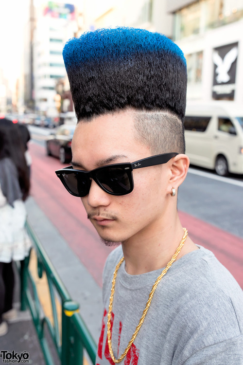 Blue-tipped hi-top fade on the street in Harajuku. Judging by the hair, this guy is likely a fan of 