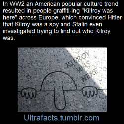 urulokid:  ultrafacts:    Kilroy was here is an American popular culture expression that became popular during World War II; it is typically seen in graffiti. Its origins are debated, but the phrase and the distinctive accompanying doodle — a bald-headed