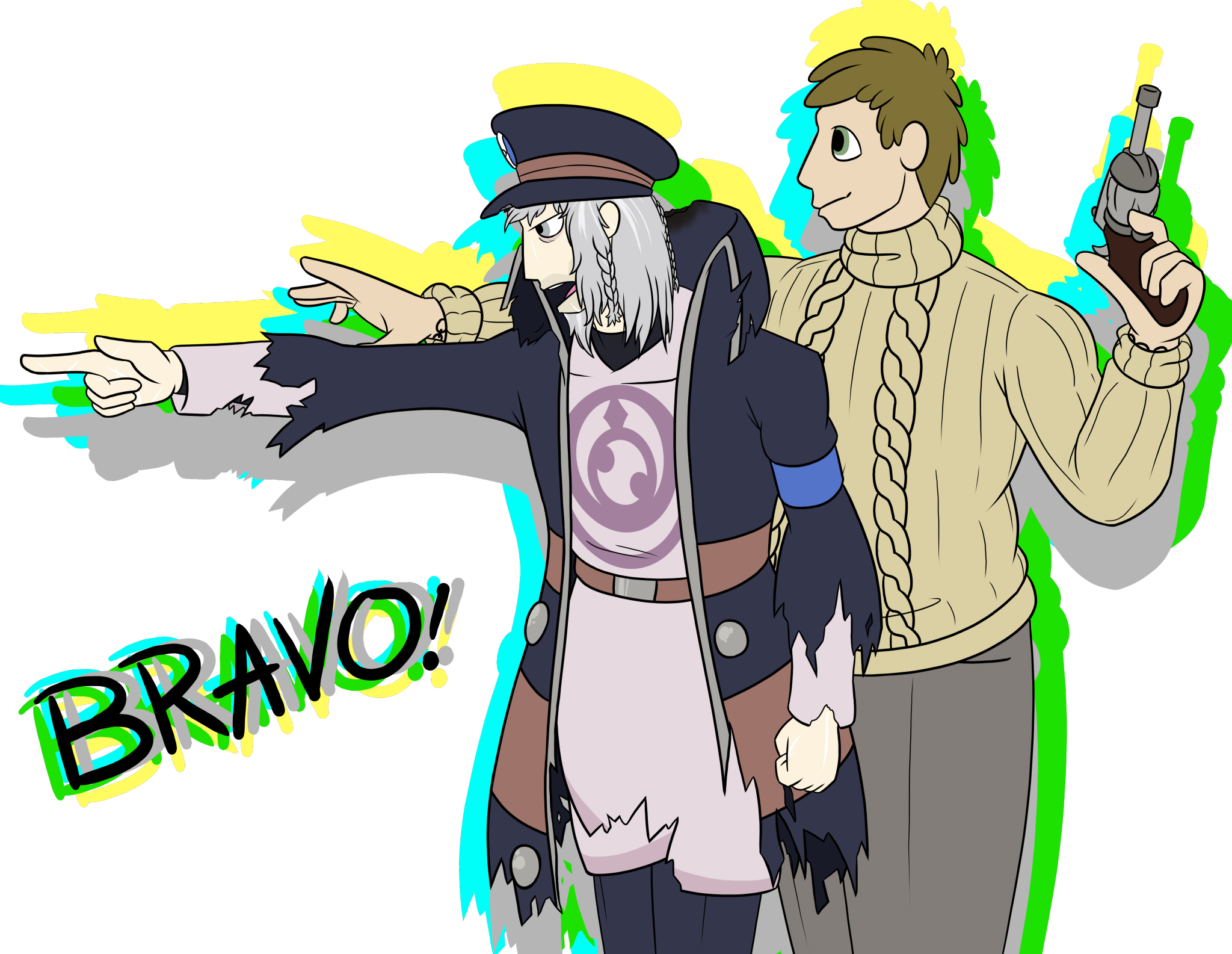 Ingo is standing straight, looking and pointing to the left. Behind him, Jack also stands in a similar pose, but his pointing had is outstretched like he is about to shoot a plasmid. In Jack's other hand, he hold a revolver. In the lower left corner, "Bravo!" in all capital letters is written. Shadows of bright and saturated grey, green, blue, and yellow stand behind both men and the letters