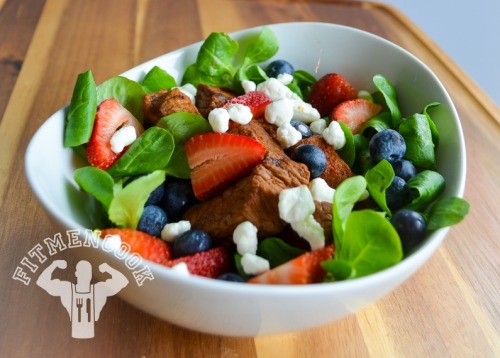 Bison flank, strawberry, blueberry,goat cheese and mache rosette salad. Delicious, light yet lean &a