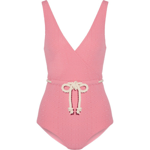 Lisa Marie Fernandez Yasmin seersucker swimsuit ❤ liked on Polyvore (see more pink one piece bathing