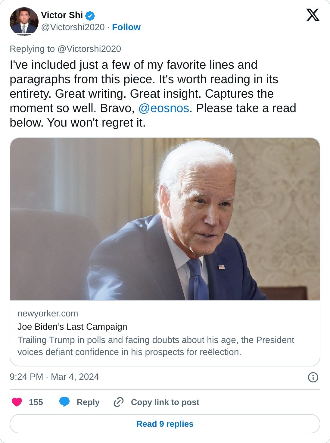I've included just a few of my favorite lines and paragraphs from this piece. It's worth reading in its entirety. Great writing. Great insight. Captures the moment so well. Bravo, @eosnos. Please take a read below. You won't regret it. https://t.co/jw4Py15EEX  — Victor Shi (@Victorshi2020) March 4, 2024