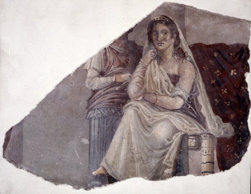 antiquitystuff: Fragment of wall painting from Pompeii. It shows Phaedra with an attendant, probably
