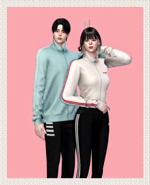 sudal-sims:[sudal] Couple track top set▶ All lod▶ Male - 15 swatch▶ Female - 15 swatch♥ Thanks for a