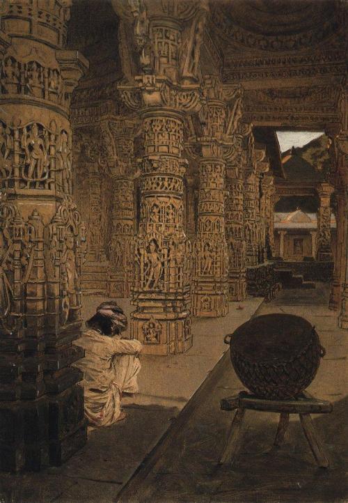 humanoidhistory:The colonnade in the Jain temple at Mount Abu in the evening, Vasily Vereshchagin, 1