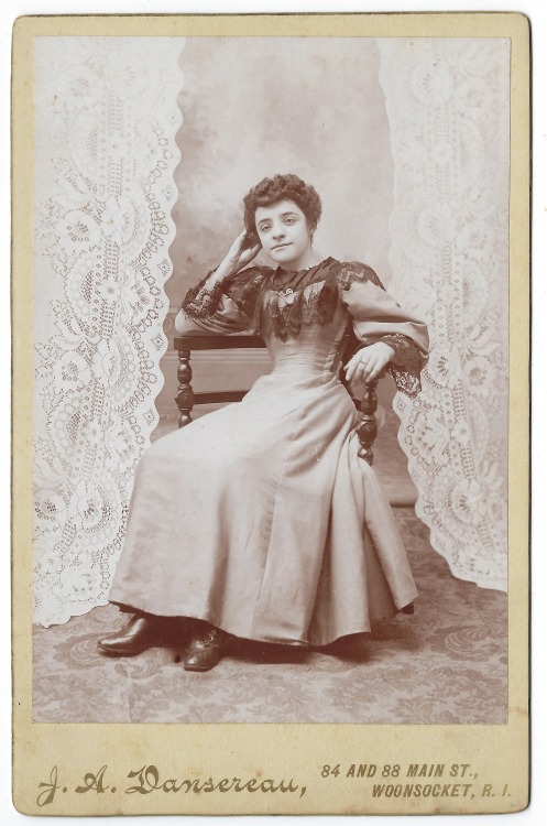 markonpark:Fashionable woman posed w/lacy backdrop. Antique cabinet card by J.A. Dansereau, Woonsock