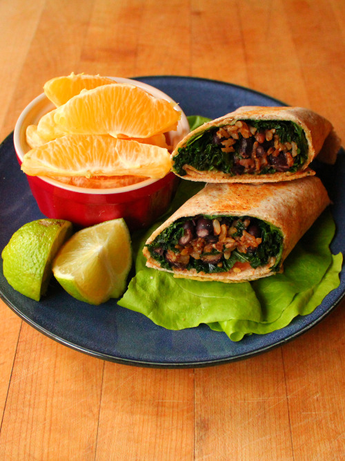 garden-of-vegan:  Seasoned brown rice, black bean, and kale burrito on a whole wheat tortilla with b