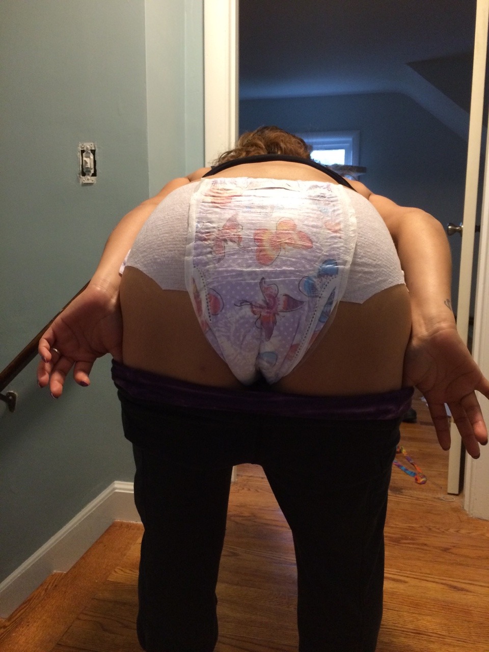 diaperman55:  Featuring baby M. all padded up under her yoga pants!