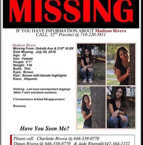 niggasandcomputers:  opendiiary:  shallwekeepitraw:  Guys please reblog this, I’d really appreciate it. A dear friend of the family’s, younger sister has been missing since July 20th 2015. Keep your eyes open and the Rivera family in your prayers.