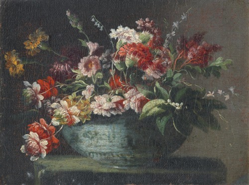 Francesco Curradi, ‘Roses, Carnations, Narcissi and other Flowers in a Porcelain Bowl on a Stone Led