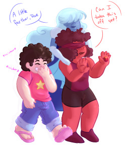 mixer-in-monochrome:  Steven wanted to surprise the two, but since Sapphire has Future vision she just ended up getting roped in to help surprise Ruby. 