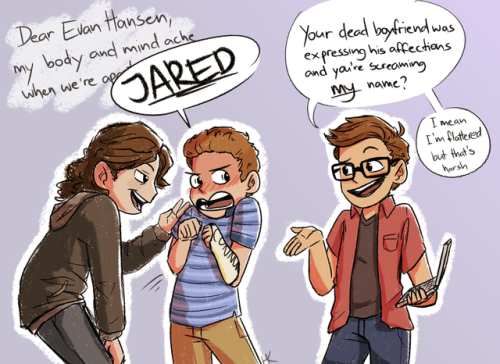 taterdraws:I’ve done exactly 3 DEH drawings and two of them center around Evan freaking out and Jare