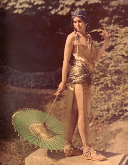 Denise Poiret - autochrome photo taken by Paul Poiret showing her in costume. Likely to be 1910s but