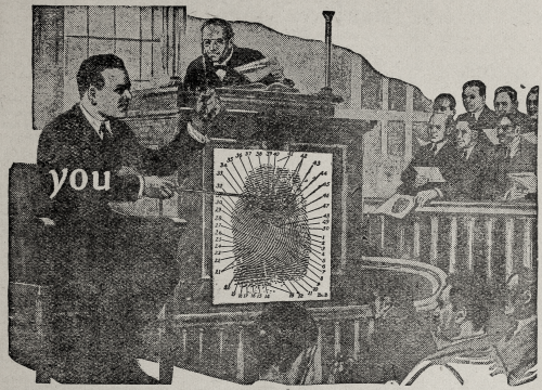 An expert in fingerprints testifies at a trial. Fame and Fortune Weekly. June 15, 1923. Advertisemen