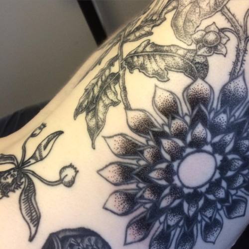 Finished up this mandala on Liz’s ribs (lines not my work), also visible are her poisonous pla