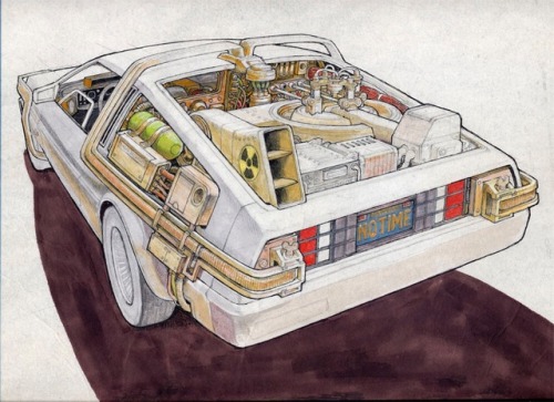 talesfromweirdland:DeLorean designs for Back to the Future, I and II. Art by Ron Cobb (3 and 5) and 