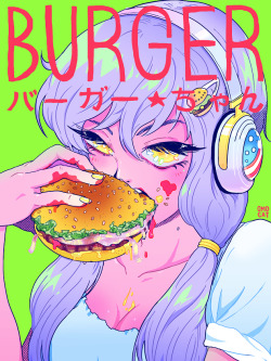 omocat:  on a hatsune miku, kagepro, and super sonico spree lately so i decided to draw a headphone lady of my own… b u r g e r ★ c h a n likes: burgers; hates: pickles — will draw a full-body illo soon :) i want to make a bunch of stuff with her