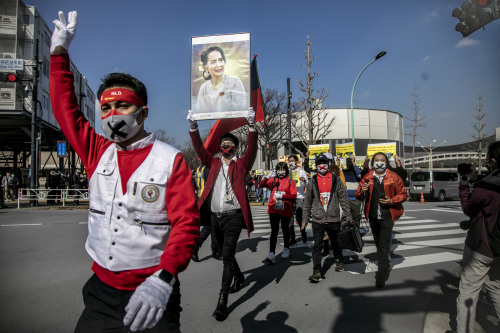 2021.2.14 Myanmar protesters gather in Shibuya, against military coup at home.photo : Shinta Yabe