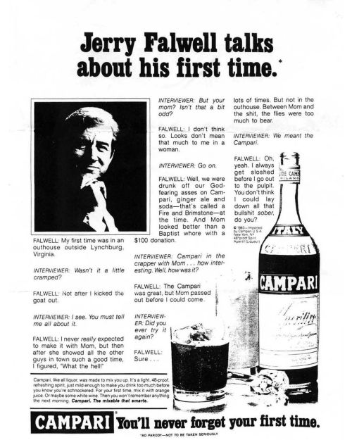 Larry Flynt’s ad about Jerry Falwell and his mother from the November 1983 issue of Hustler. &