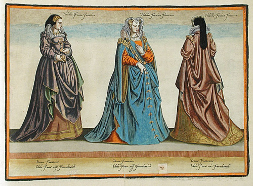 Costumes of French noblewomen from “Habitus Variarum Orbis Gentium” by Jean-Jacques Bois
