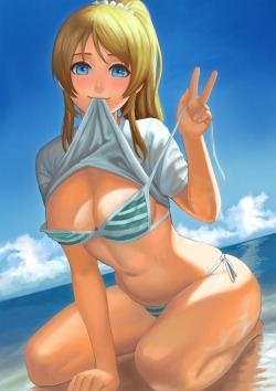 zan66:  ayase eli bikini cleavage lasterk love live! shirt lift swimsuits wet | yande.re 