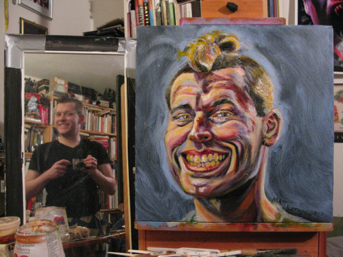 Latest version of my self portrait progress.  18"x18" acrylic on canvas.  Newest at the top