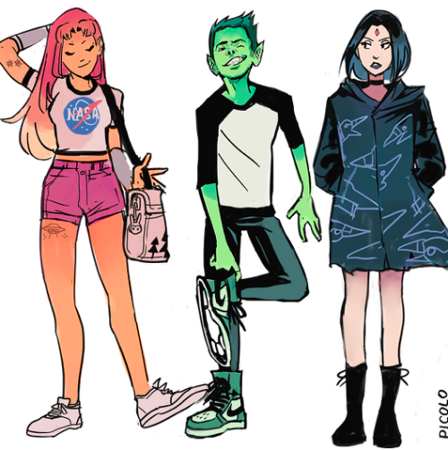 grccnlanterns:casual teen titans + wonder woman. art by picolo  This is amazing!! They even hav