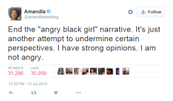 profeminist:  At the same time, you’ve got a legitimate right to be angry!   READ: “Why I’m Absolutely an Angry Black Woman” by Dominique Matti  “Because when I was five, my kindergarten classmate told me I couldn’t be the princess in the