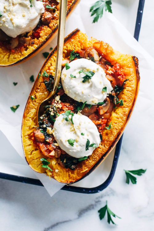 Vegan Spaghetti Squash Round UpRoasted Garlic &amp; Kale Spaghetti Squash With Sun-Dried Tomatoe