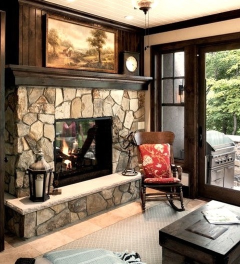 Large MinneapolisLarge Mountain Style Ceramic Tile Sunroom Photo With A Two-sided Fireplace, A Stone