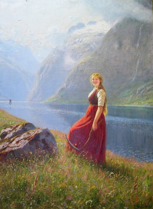 A young harvester at a sunlit fjord by Hans Dahl
