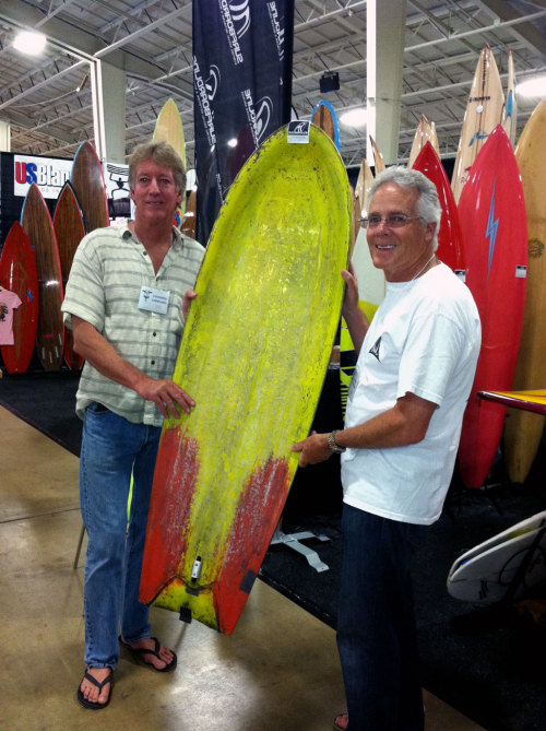 Me and Gene Cooper holding one of Greenoughs tri plane hull knee boards from the 70&rsquo;s at last 