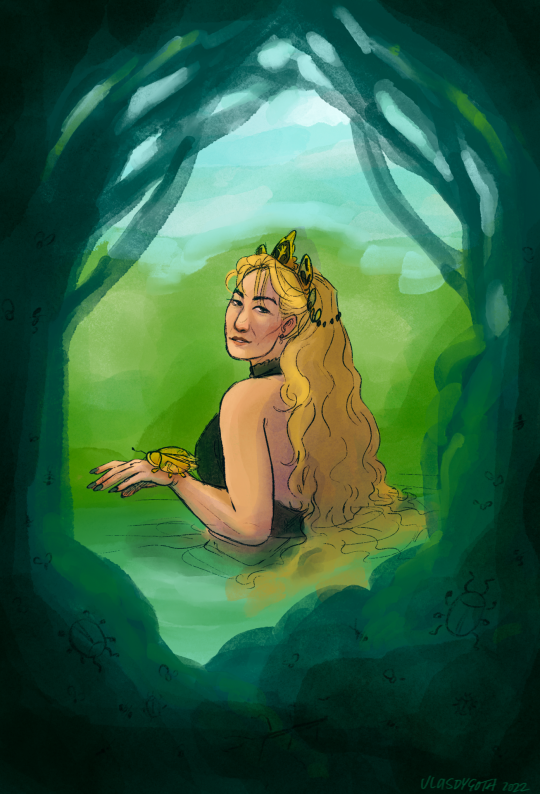 Signet, an older woman with pale skin, dark eyes, and long wavy blonde hair stands in the middle of a body of water, looking over her shoulders. she is framed by a dark green arch of trees and bushes filled with bugs. she is wearing a gold crown with black jewels, and a halter top black dress. her hand is lifted above the water's surface, and a large gold beetle sits on her wrist.