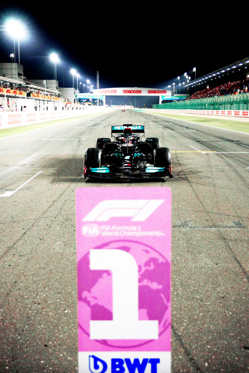 44lh: Lewis Hamilton arrives in parc ferme at the 2021 Qatar Grand Prix. Photo by Steven Tee.