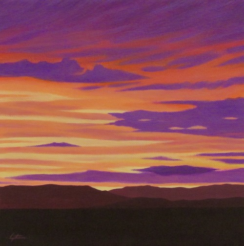 San Juan SunsetAcrylic on canvas 8x8". Charles Morgenstern, 2022. The sun sets behind the San J