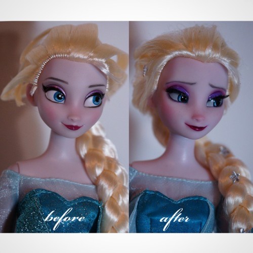 Before and after shot of my Elsa doll repaint. Full facial repaint was made with acrylic paints. She